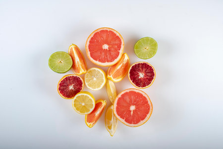 Different types of citrus fruit on a white background. Top view.の写真素材
