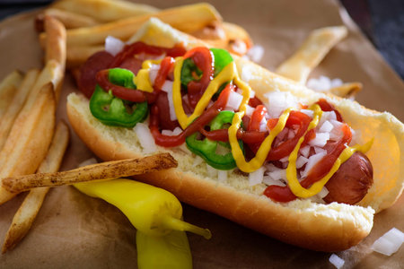 Homemade hot dog with ketchup, mustard and vegetables on wooden backgroundの写真素材