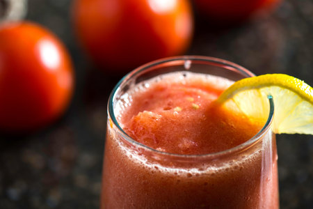 Bloody Mary cocktail with lemon and tomatoes on rustic background.の写真素材