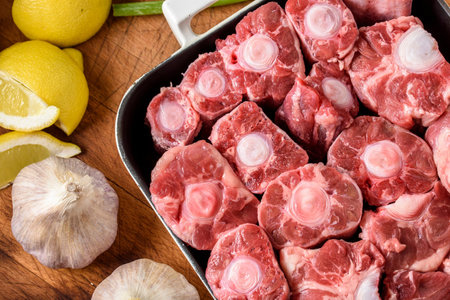 Raw beef meat with onions, garlic and lemon on a wooden boardの写真素材