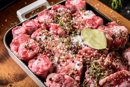 Raw beef steaks with spices and herbs in a baking dish.の写真素材