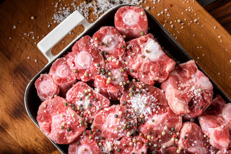 Raw pork meat with salt and pepper on wooden background. Top viewの写真素材