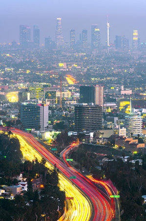 Bangkok cityscape at twilight time with light trails, Thailand.
