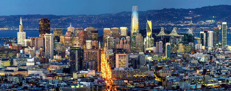 San Francisco, California, USA downtown skyline at dusk. Panoramic view.の写真素材