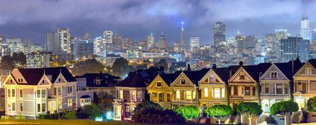 San Francisco, California, United States. Panoramic view of Downtown San Francisco at dusk.の写真素材