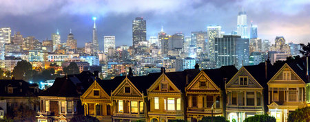 Panoramic view of San Francisco at night, California, USAの写真素材