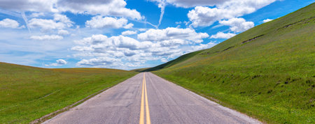 Panoramic image of a country road on a sunny day.の写真素材