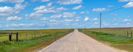 Panoramic view of a rural road in the prairie.の写真素材
