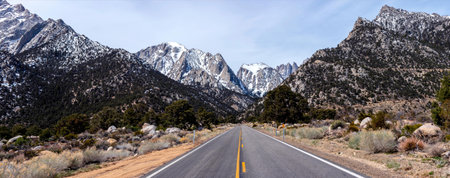 Highway in the Sierra Nevada mountains, California, USA. Panoramic view.の写真素材
