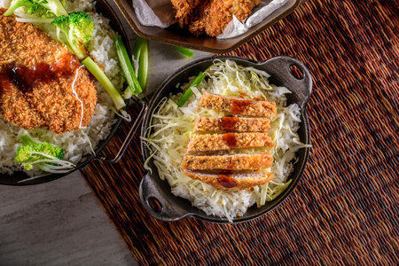Fried pork cutlet with rice and vegetable on wooden background.の写真素材