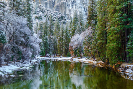 Yosemite National Park in California, USA in winter with snow