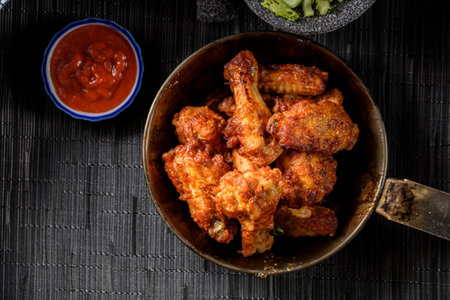 Fried chicken wings in a pan with tomato sauce on a black backgroundの写真素材