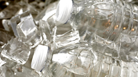 Plastic bottles of mineral water, close-up. Selective focus.の写真素材