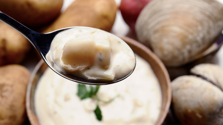 close up of a spoonful of sour cream and some fresh potatoesの写真素材