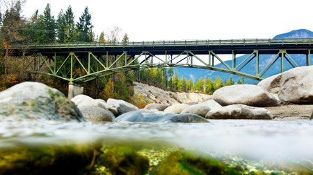 Railway bridge over a mountain river in the autumn. Beautiful landscape.