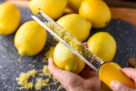 Close up of woman's hands grating lemons with grater.の写真素材