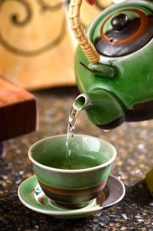 tea ceremony with tea pot and teapot on the table