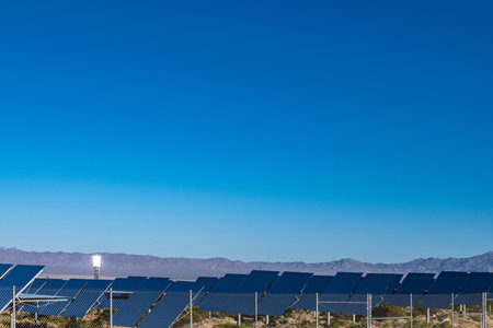 solar energy in the desert, power plant with blue sky backgroundの写真素材