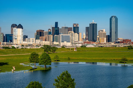 Beautiful Blue Skyline and Buildings in Dallas Texasの写真素材