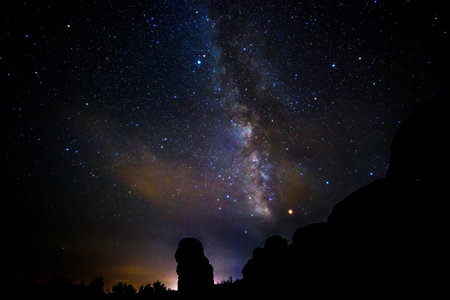 Milky Way over the rocks in Cappadocia, Turkeyの写真素材
