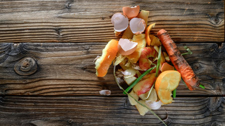 Apples and carrots in a bowl on a wooden table, top view