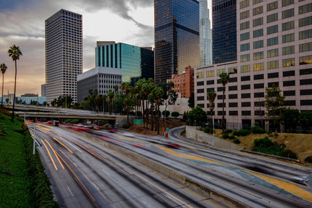 Los Angeles, California, USA downtown cityscape at dusk with car light trails.の写真素材
