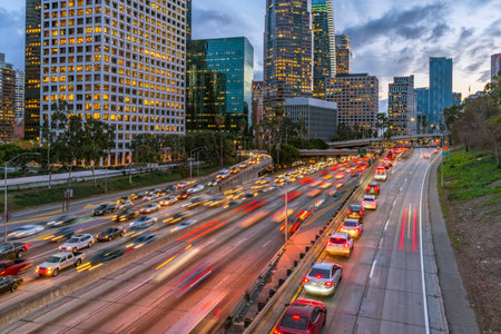 Traffic in downtown Los Angeles at dusk, California, USA.