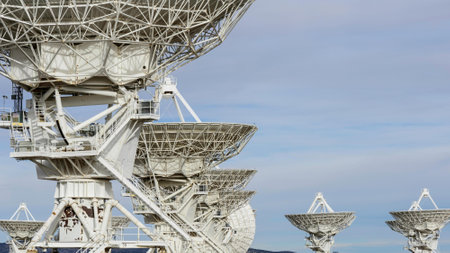Group of satellite dishes in the desert, California, United States.の写真素材