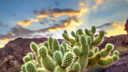 Cactuses at sunset in the Mojave Desert, California, USA