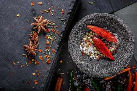 Chilli and pepper on stone mortar and black slate background, top viewの写真素材