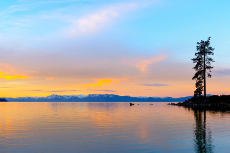 Sunset on Lake Tahoe, California, United States of Americaの写真素材
