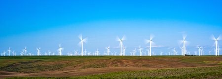 Windmills for electric power production, Zaragoza Province, Aragon, Spain.