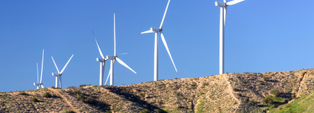 Windmills for electric power production, Zaragoza province, Aragon, Spain.
