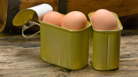 Fresh eggs in a green tin can on a rustic wooden backgroundの写真素材