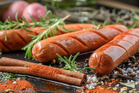 Smoked sausages with spices and herbs on a black backgroundの写真素材