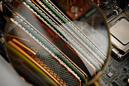 Close up of computer circuit board with magnifying glass. Technology backgroundの写真素材