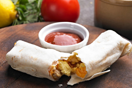 Mexican quesadilla wrap with chicken and tomato sauce.の写真素材