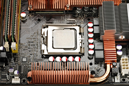 Computer mainboard closeup. Electronic computer hardware technology. Motherboard digital chip.