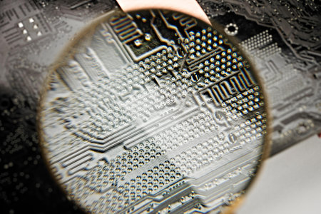 Circuit board close-up with magnifying glass. Technology background