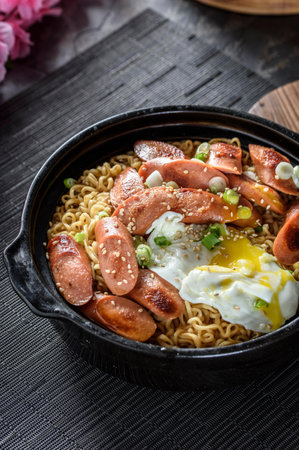 Instant noodles with sausage, egg and vegetables in a black bowl.の写真素材