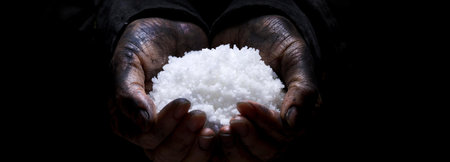 Hands of african man holding a handful of white rice on black background