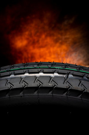 Tire tread on a black background. Tires on the background of the smoke.