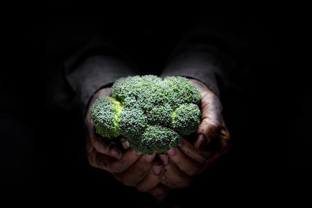 Broccoli in the hands of a man on a black background.の写真素材