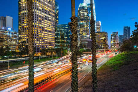 Traffic in downtown Los Angeles at night, California, USA.
