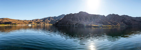 Panoramic view of Lake Wakatipu, Queenstown, New Zealandの写真素材