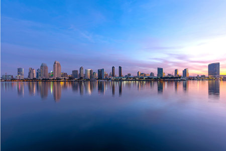 Bangkok city skyline at twilight,Thailand,Reflection in the waterの写真素材