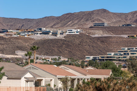 Houses on a hillside in the Mojave Desert, Californiaの写真素材