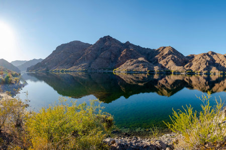 Reflection of the mountains in the water of Lake Mead, Nevadaの写真素材