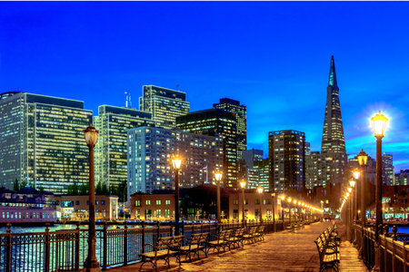 Boston skyline at night with urban skyscrapers, United States.の写真素材
