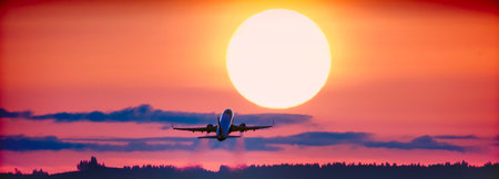 Airplane flying in the sky at sunset. Panoramic viewの写真素材